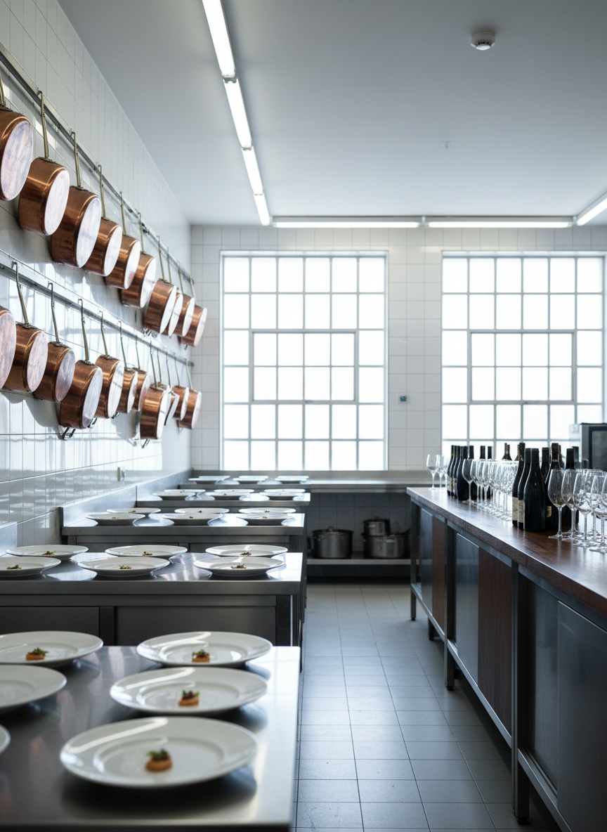 Cocina de escuela participante con estaciones de acero inoxidable, platos blancos listos para tapas, sartenes de cobre colgadas y una hilera de botellas de vino y copas de cristal bajo luz natural fría.