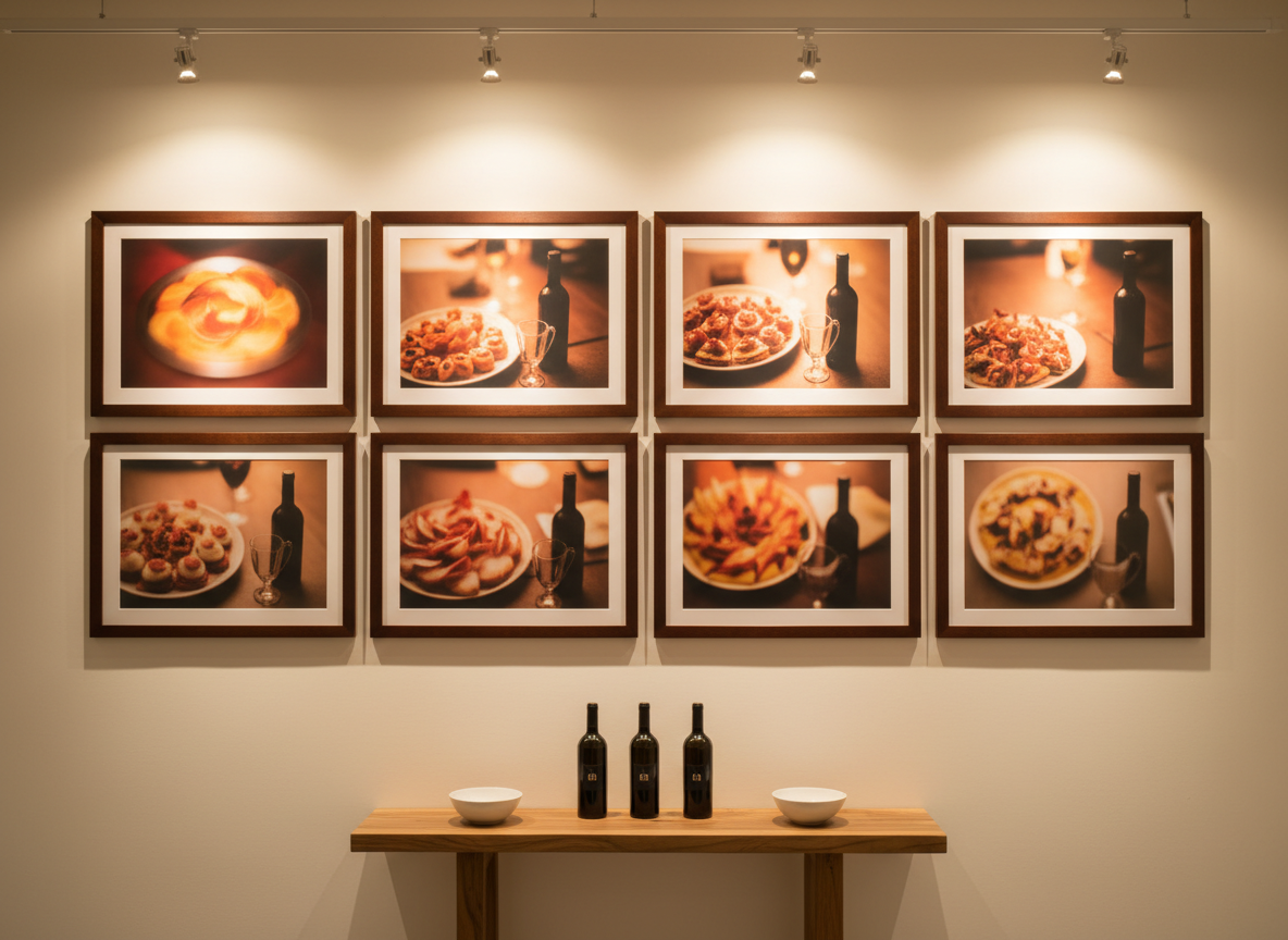 Muro cronológico dedicado al concurso familiar de tapas y vinos, con impresiones fotográficas enmarcadas de mesas de tapas, botellas y trofeos, iluminadas con luz cálida de galería sobre una pared clara.