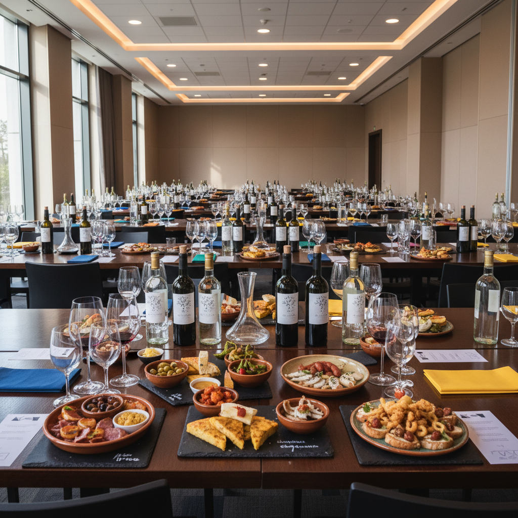 Mesas de madera pulida dispuestas en paralelo, cada una representando una escuela distinta en la cata familiar de tapas y vinos, con servilletas de colores elegantes, tablas de pizarra con surtidos de tapas y copas de cristal alineadas bajo luz natural difusa.