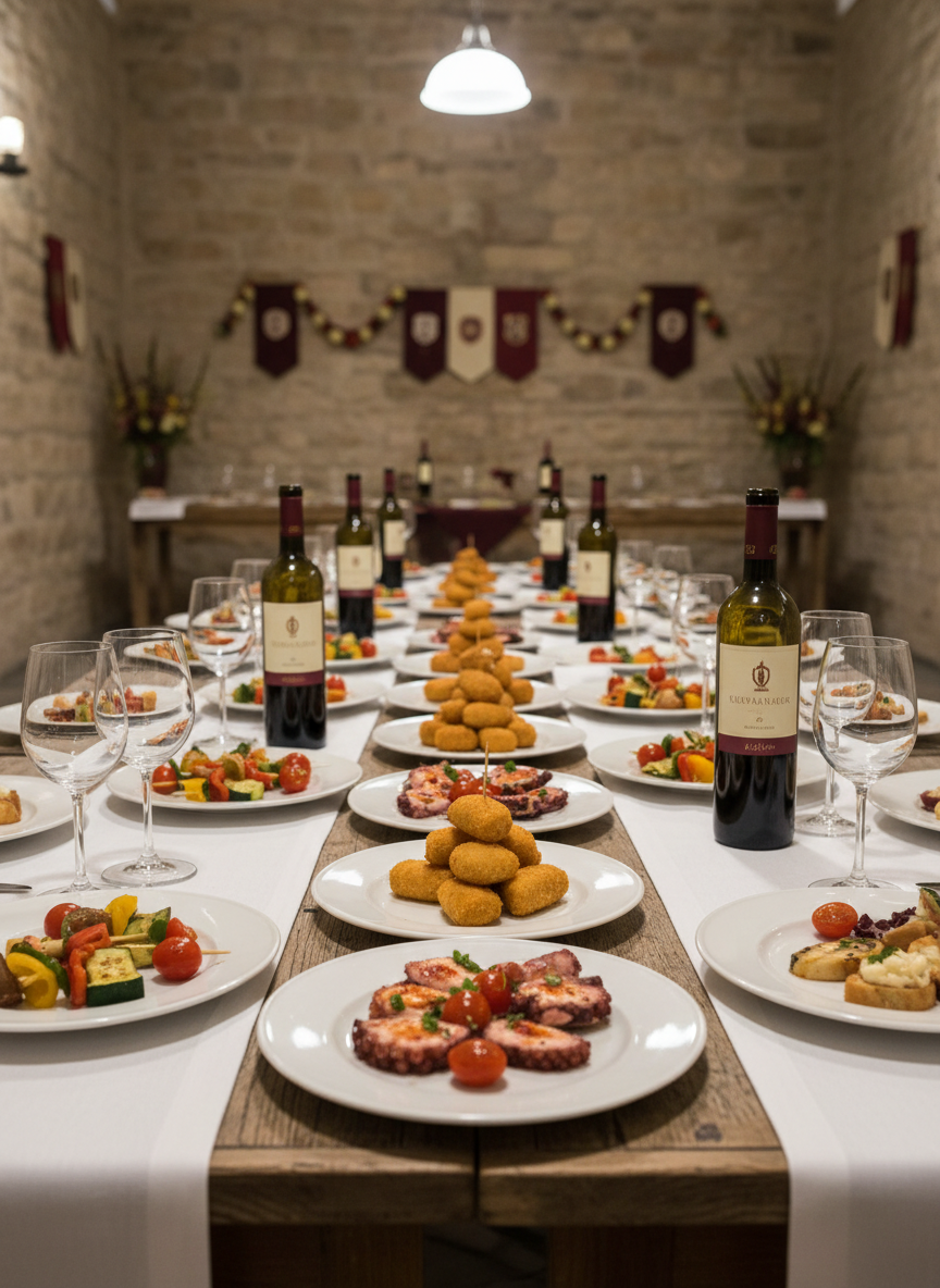 Larga mesa de madera rústica con manteles de lino blanco y platos de porcelana con tapas coloridas, croquetas doradas y bocados de marisco junto a botellas de vino y copas en una sala de piedra íntima.