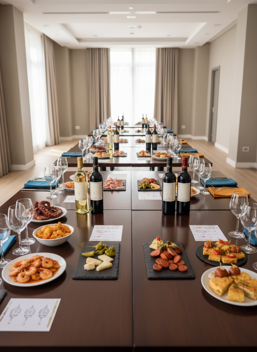 Mesas de madera pulida en paralelo, cada una representando una escuela con servilletas de colores, tablas de pizarra con tapas y copas alineadas bajo luz natural difusa en una sala de eventos luminosa.