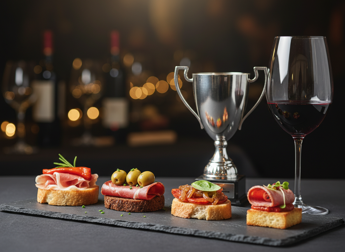 Primer plano elegante de una tapa ganadora sobre pizarra oscura junto a una copa de vino tinto y un trofeo metálico pulido, con luz cálida que resalta las texturas del plato premiado.