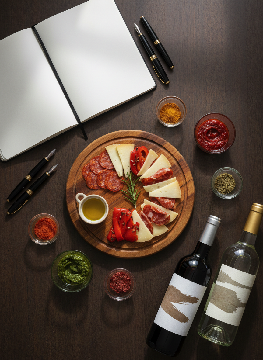 Vista cenital de una mesa de estrategia de una escuela: cuaderno abierto, tabla de madera con una tapa en preparación, cuencos de especias y dos botellas de vino con etiquetas elegantes bajo luz matinal suave.
