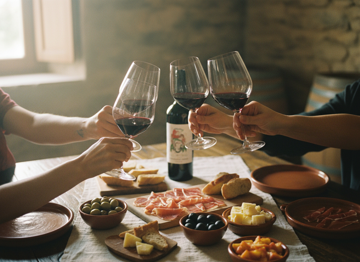 Manos brindando con copas de vino tinto sobre una mesa de madera con tapas españolas, en tonos cálidos y vintage.